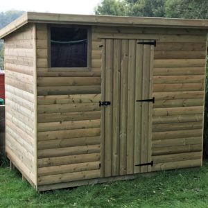 "6ft x 4ft garden shed with pressure-treated wood, two windows, and premium felt roofing, perfect for outdoor storage and durable against weather conditions."