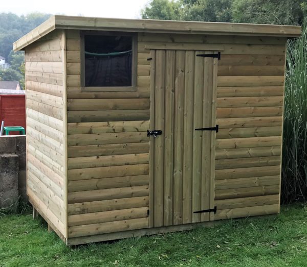 "6ft x 4ft garden shed with pressure-treated wood, two windows, and premium felt roofing, perfect for outdoor storage and durable against weather conditions."